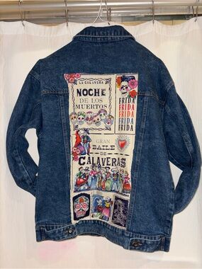 Blue Age Men's Distressed Denim Jacket Day of the Dead Frida Kahlo Patch